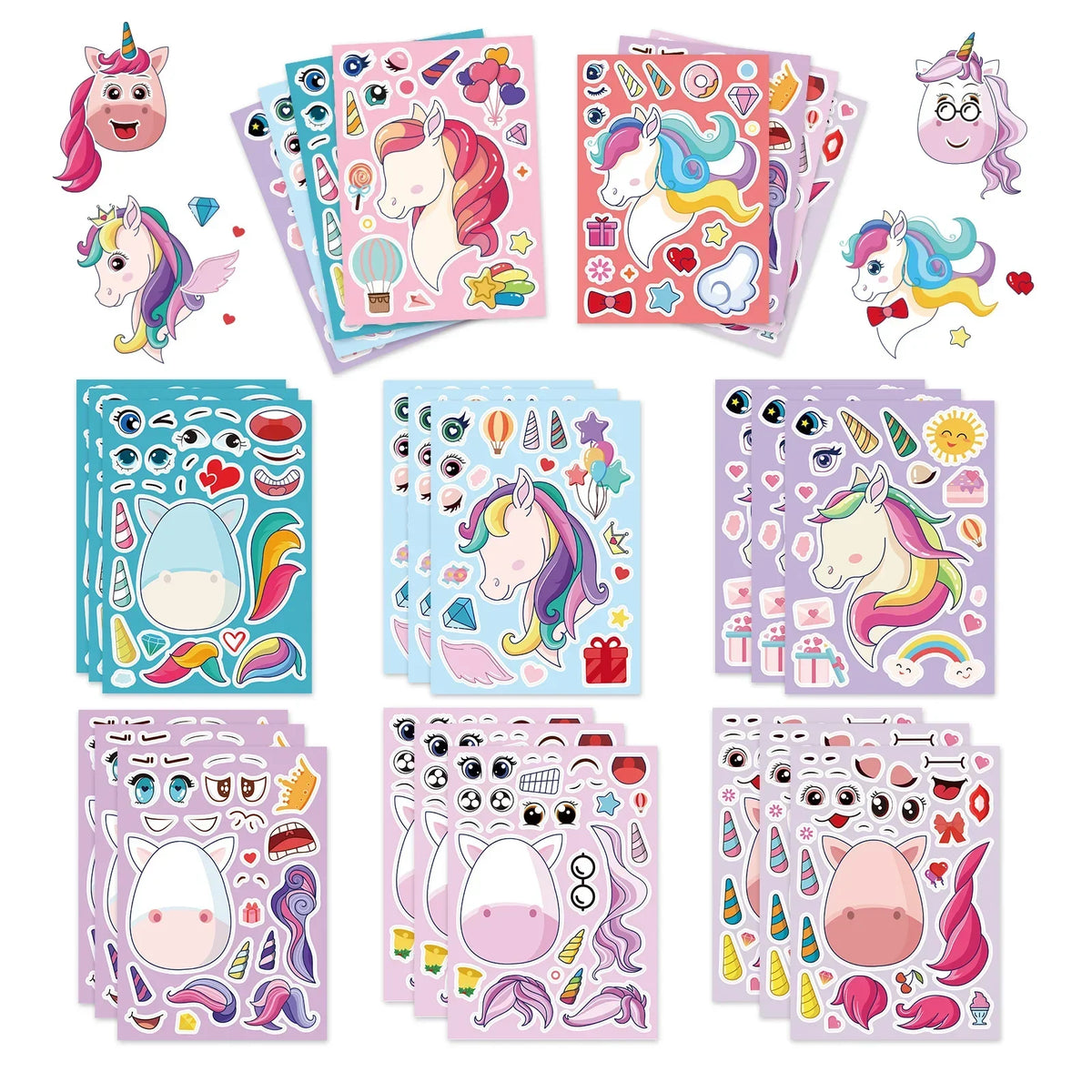A collection of unicorn themed birthday party supplies including cards, stickers, and decorative elements.