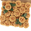 A box filled with realistic foam rose artificial flowers in a beige color.