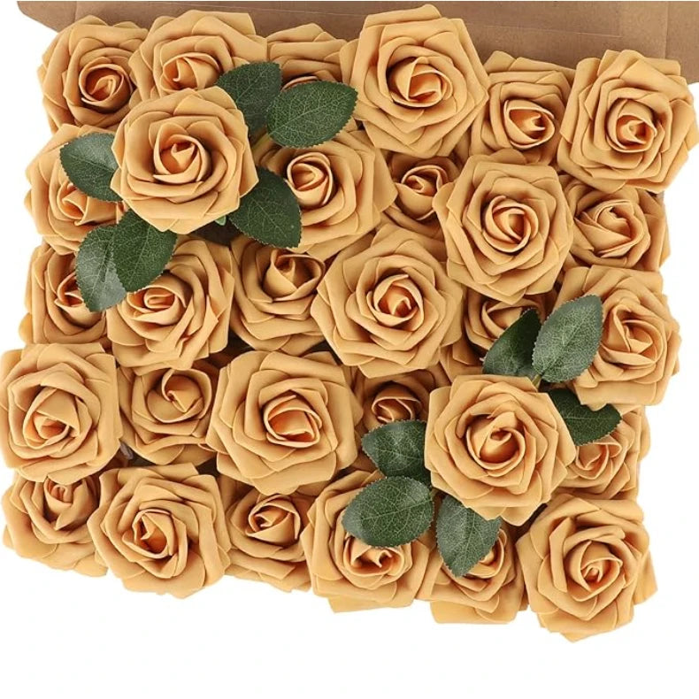 A box filled with realistic foam rose artificial flowers in a beige color.