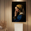 A painting of a woman in historical attire covering her mouth with her hand, displayed on a wall.