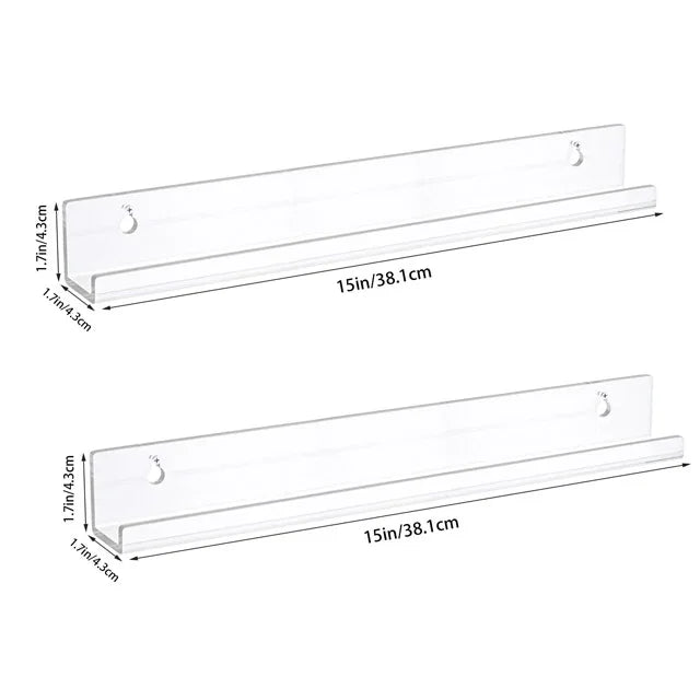 A clear acrylic vinyl record display shelf shown in two different lengths.