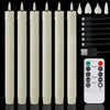A set of beige flameless LED taper candles and a remote control with timer and light functions.