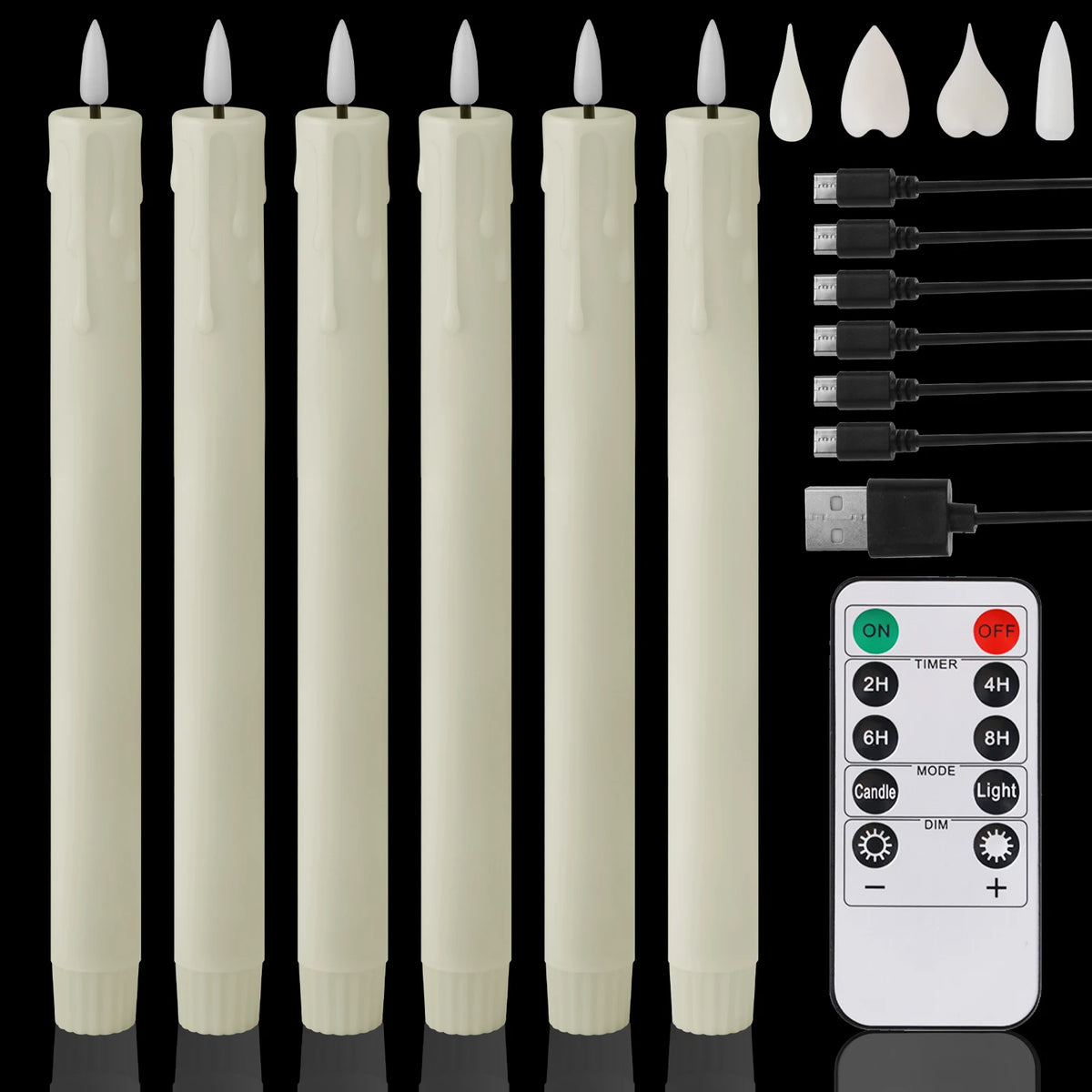 A set of beige flameless LED taper candles and a remote control with timer and light functions.