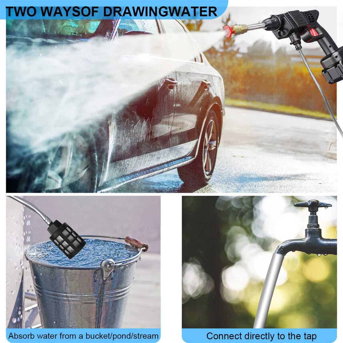 Demonstration of two ways of drawing water: spraying a car and connecting directly to a tap.