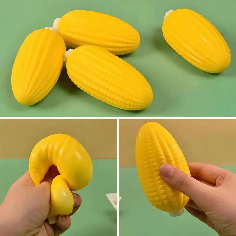 A set of yellow squishy food-shaped stress balls, including elongated and curved pieces.