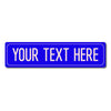 A rectangular blue street sign with the text YOUR TEXT HERE in white capital letters.