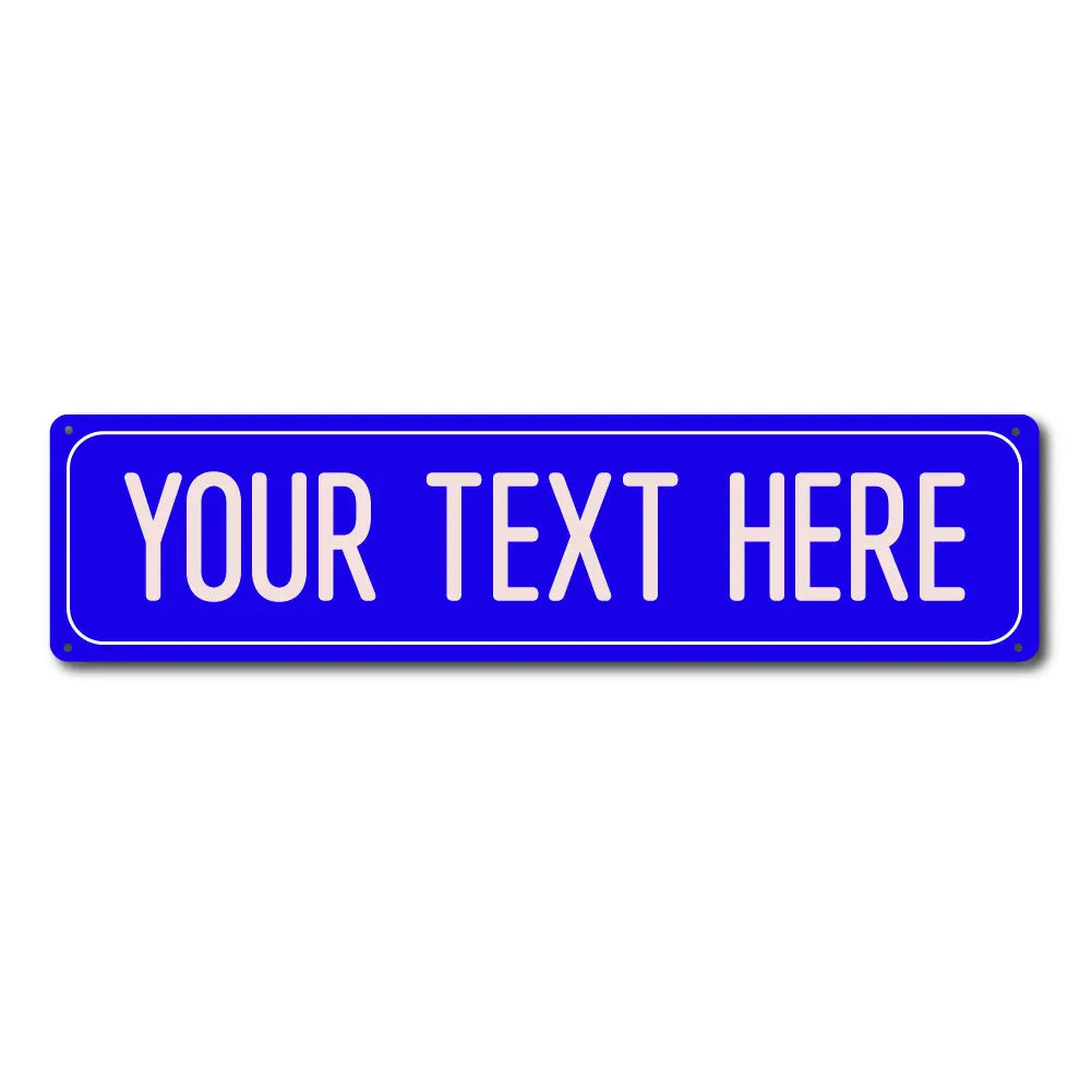 A rectangular blue street sign with the text YOUR TEXT HERE in white capital letters.