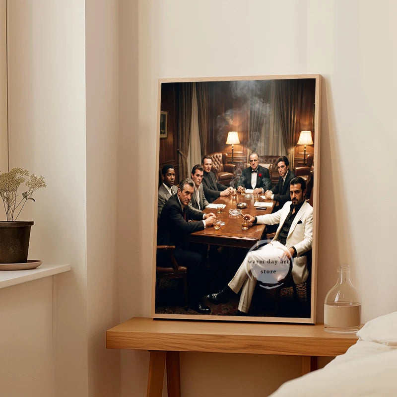 Canvas wall art depicting a dramatic scene of men gathered around a table in a dimly lit room.