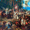 A historical painting depicting a battle scene with soldiers fighting in a wooded landscape.