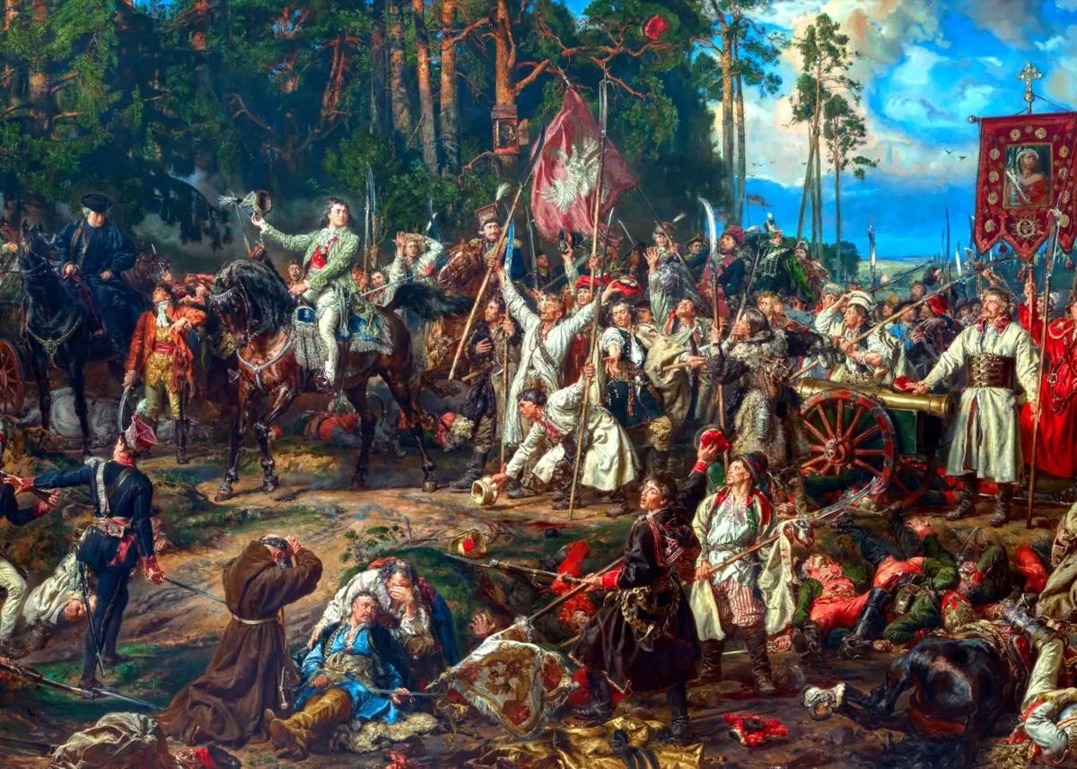 A historical painting depicting a battle scene with soldiers fighting in a wooded landscape.