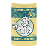 Tapestry flag fabric with a yellow background featuring text and illustrations about surface and vault.