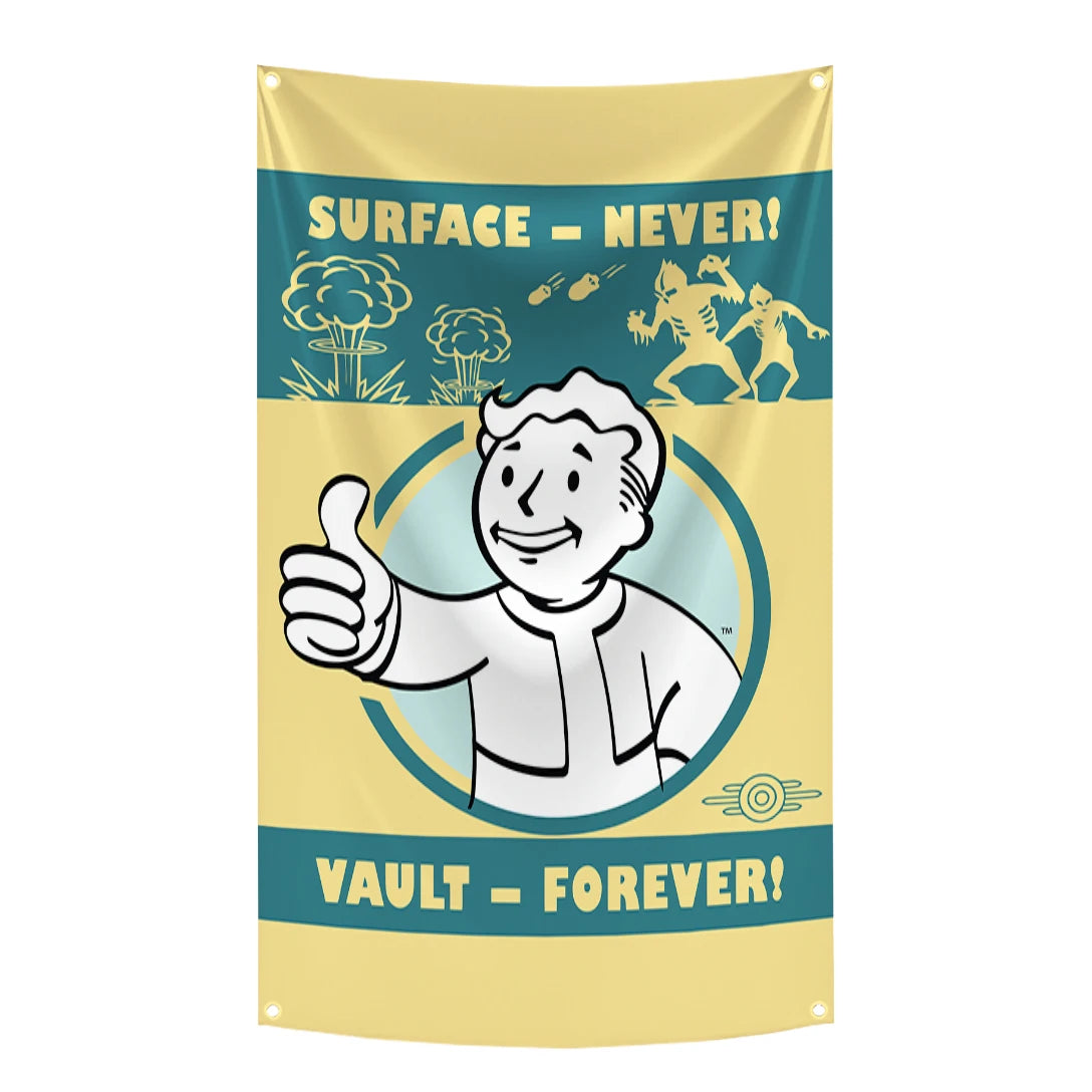 Tapestry flag fabric with a yellow background featuring text and illustrations about surface and vault.