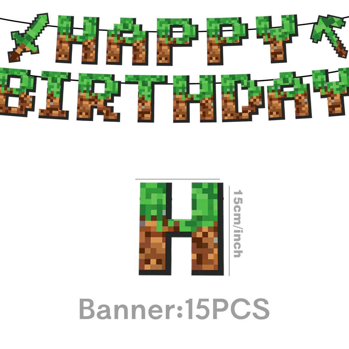 A banner spelling HAPPY BIRTHDAY made of pixel art green cacti and brown wood textures.