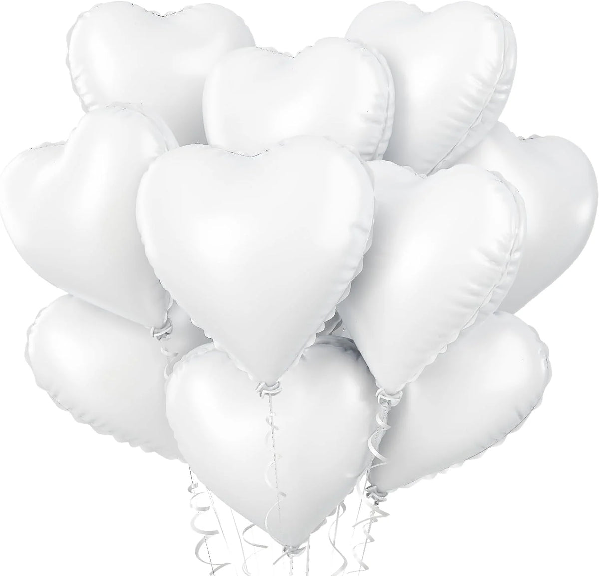 A bunch of white heart-shaped foil balloons tied together with string.