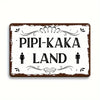 Vintage Metall-Badezimmerwand-Schild mit der Aufschrift Pipi-Kaka Land und Strichfiguren.