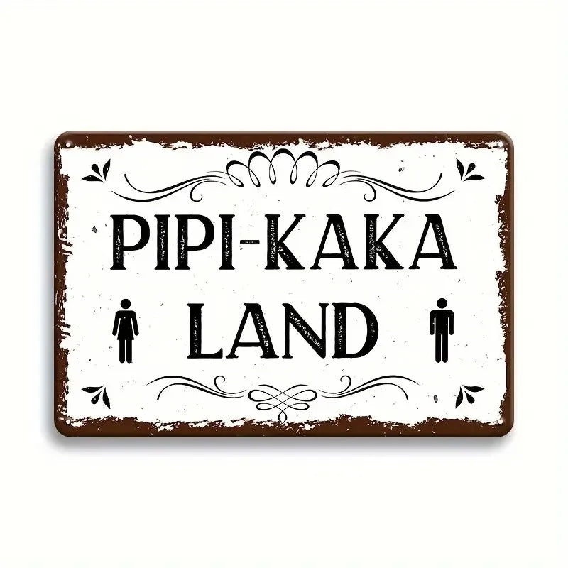 Vintage Metall-Badezimmerwand-Schild mit der Aufschrift Pipi-Kaka Land und Strichfiguren.