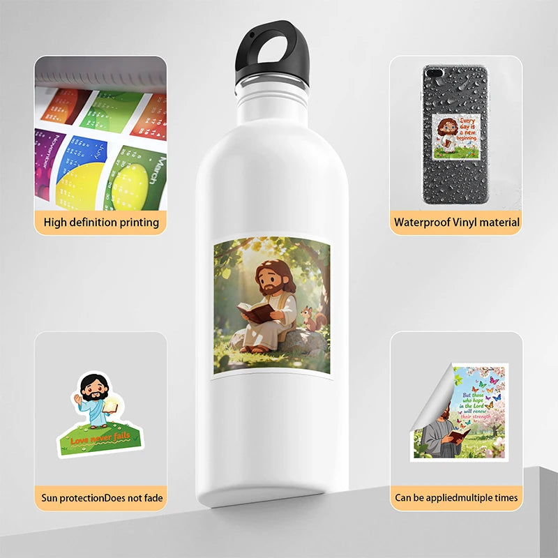 A white waterproof vinyl bottle featuring a high-definition printing of Jesus for Christian faith stickers.