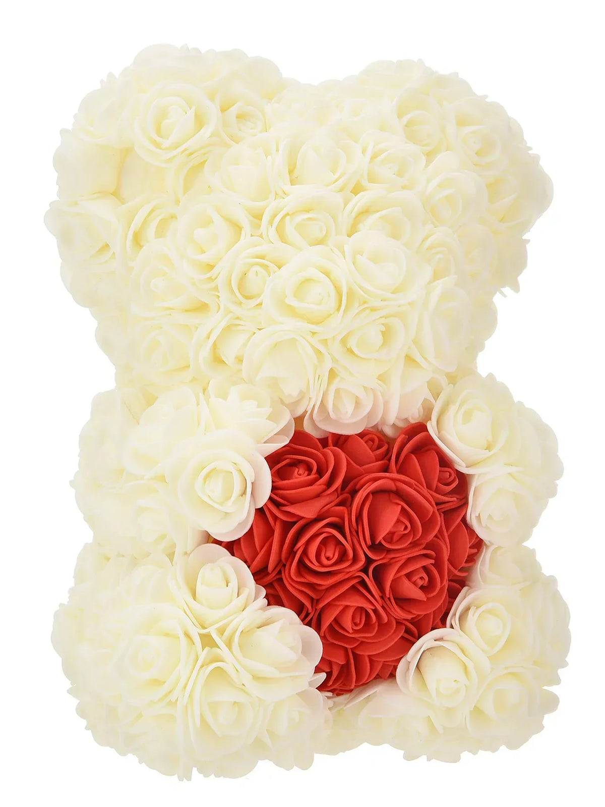 Herzförmige Anordnung aus cremefarbenen und roten Kunstrosen in Teddybärenform für romantische Dekoration.