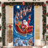 Christmas banner featuring Santa and reindeer with a sleigh and winter village scene