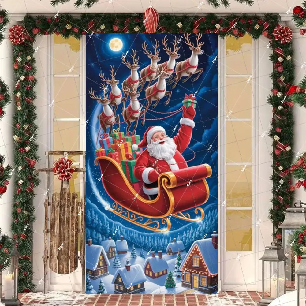 Christmas banner featuring Santa and reindeer with a sleigh and winter village scene