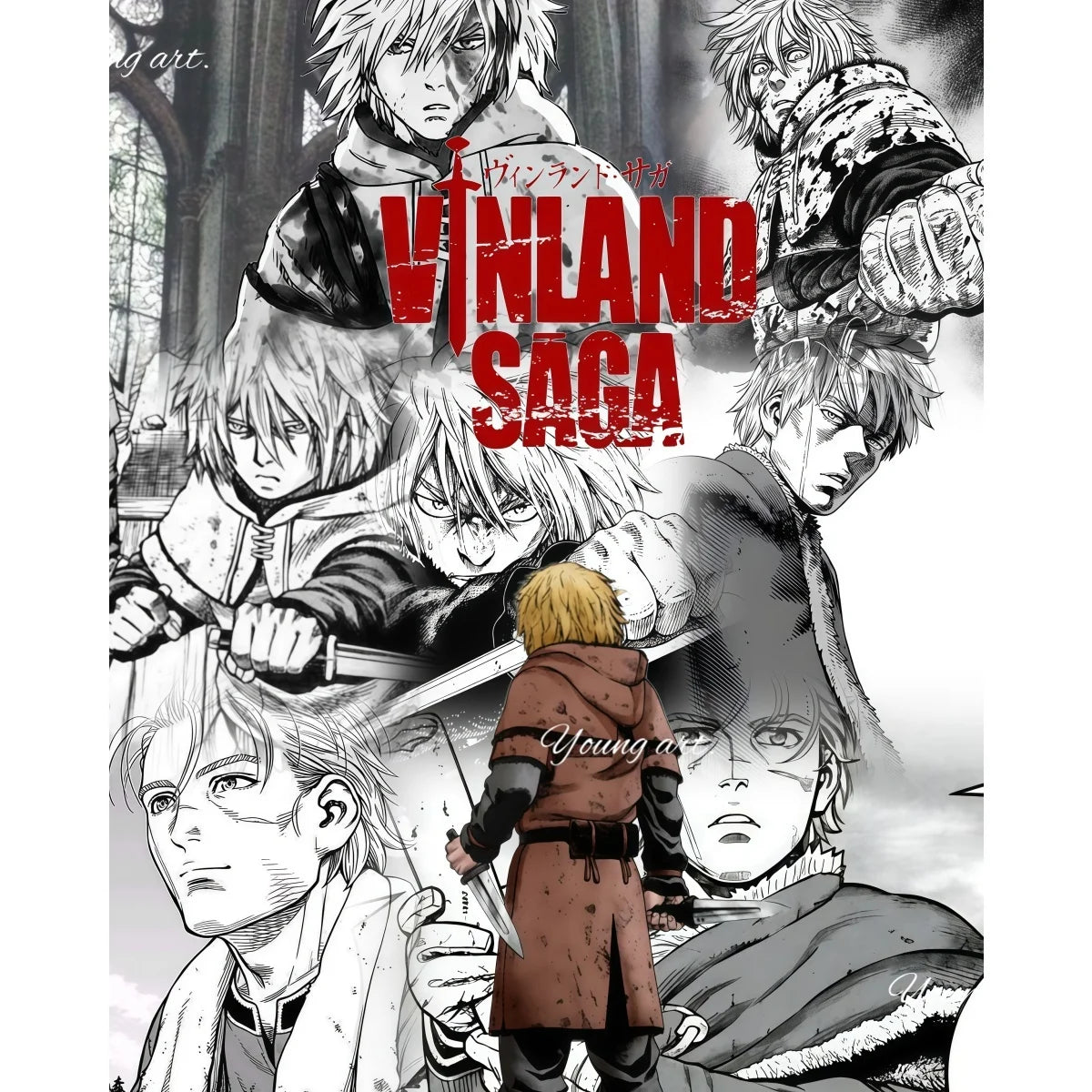 Anime poster featuring characters from Vinland Saga in a dramatic, grayscale style.