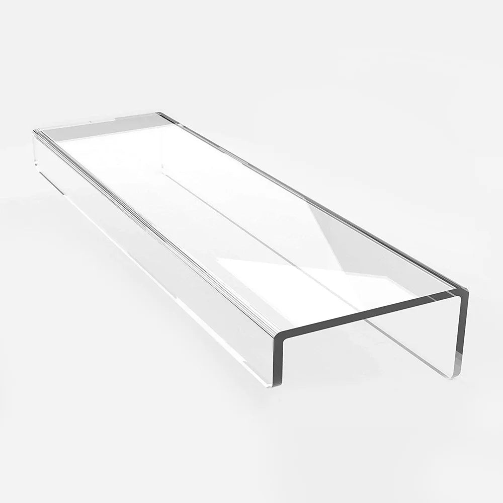 A clear acrylic floating display shelf with a rectangular top and angled legs.