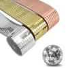 Three rolls of 3D mirror mosaic wall tiles in gold, rose gold, and silver finish.