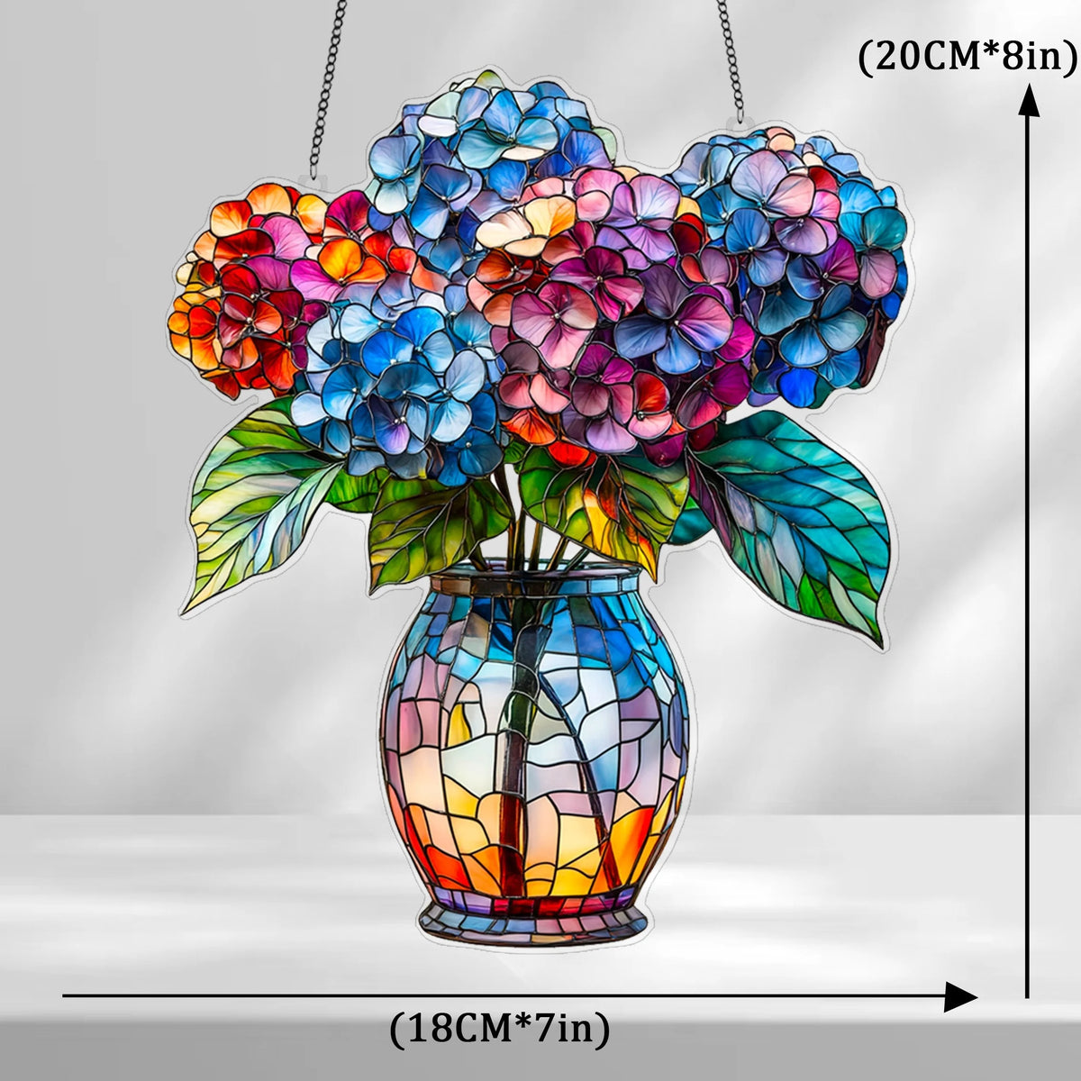 Acrylic floral pendant wall decor featuring colorful hydrangea blooms in a glass vase suspended by a chain