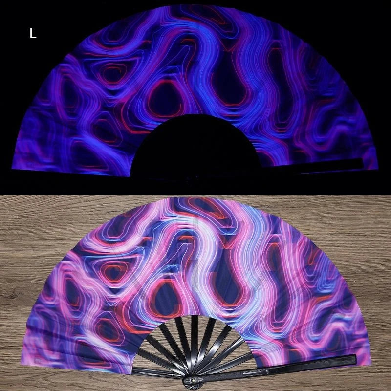 A folding fan with a vibrant, iridescent pattern showing various shades of purple and pink under UV light.