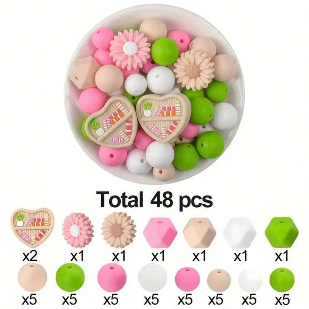 A bowl filled with 48 silicone beads in various pastel and bright colors, including pink, green, white, and beige.