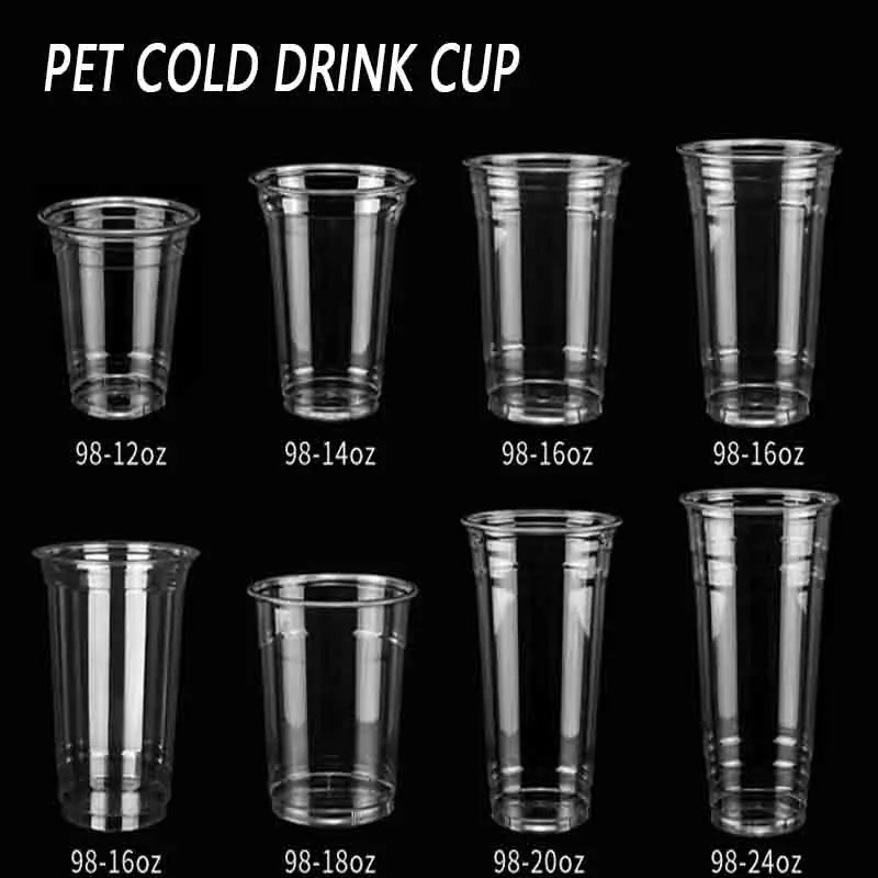 A collection of reusable clear plastic drinking cups in various sizes, including 98-12oz through 98-24oz.