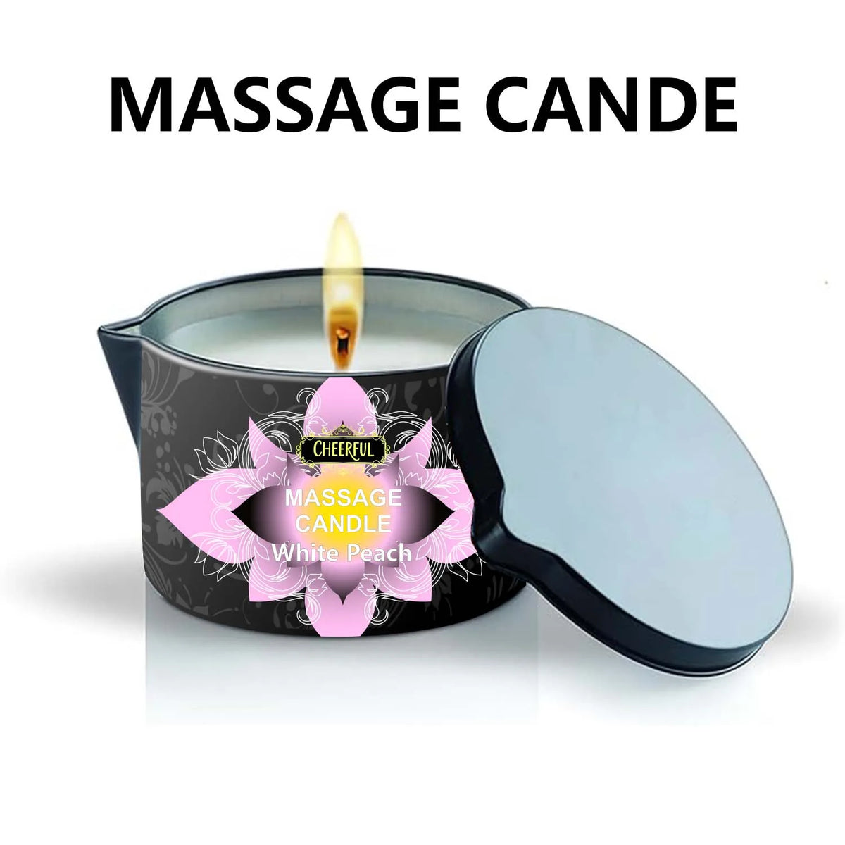 A massage candle in a tin with a lit wick and a silver lid.