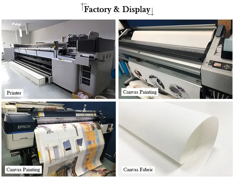Factory and display of a printer used for canvas painting and fabric production.