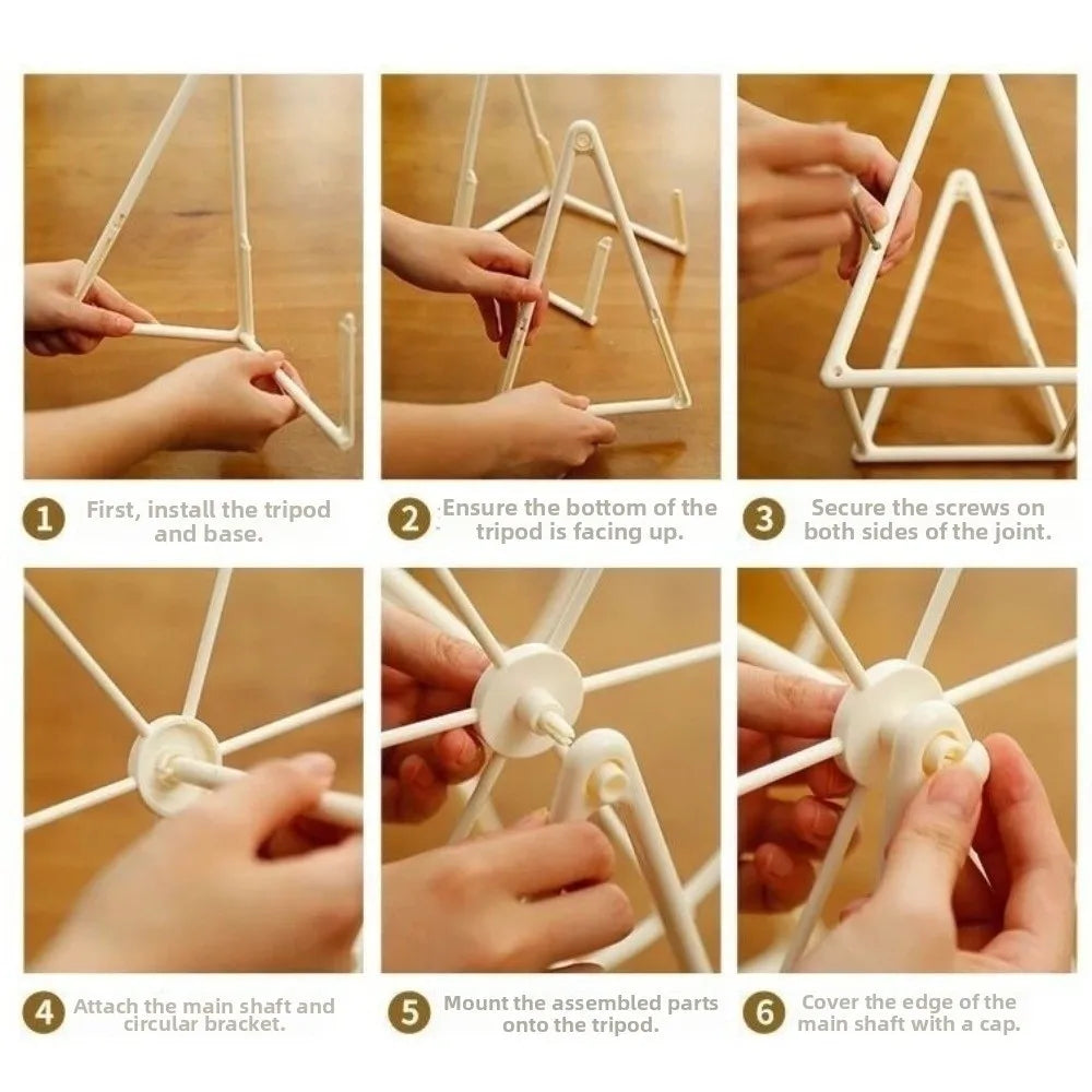Six steps showing how to assemble a rotating photo frame with a main shaft and circular bracket.
