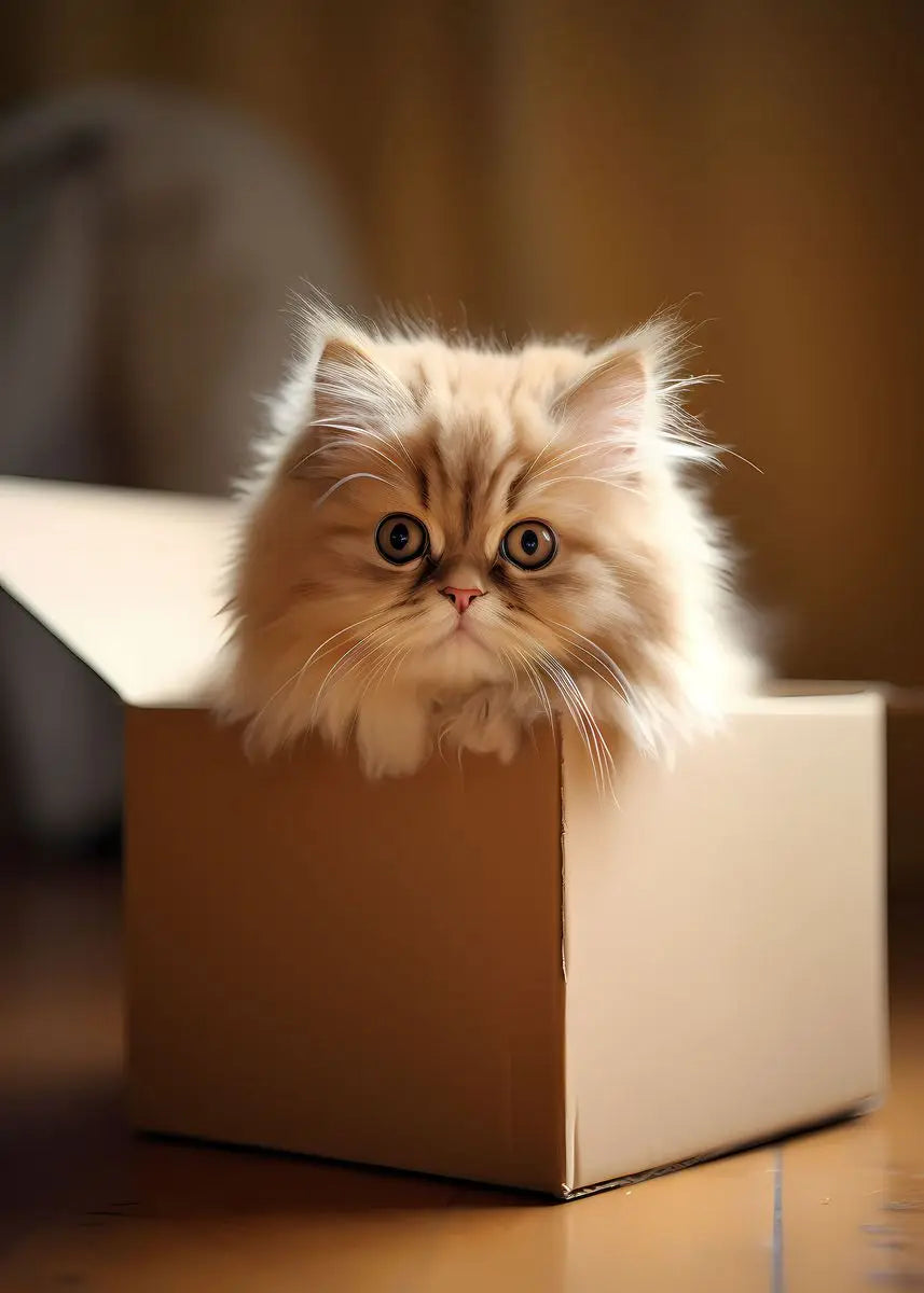 A fluffy, light orange Persian kitten is peeking out of a cardboard box.