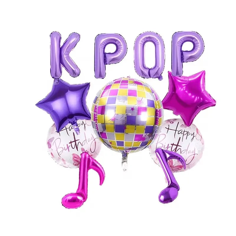 A set of 11 foil letter and star balloons in purple and pink colors for parties