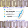 A set of LED vanity mirror light strips demonstrating 5 color temperature adjustment modes and 1-5 level luminance adjustment