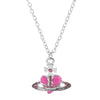 Silver pendant necklace featuring a pink heart and crown design with diamond inlay.