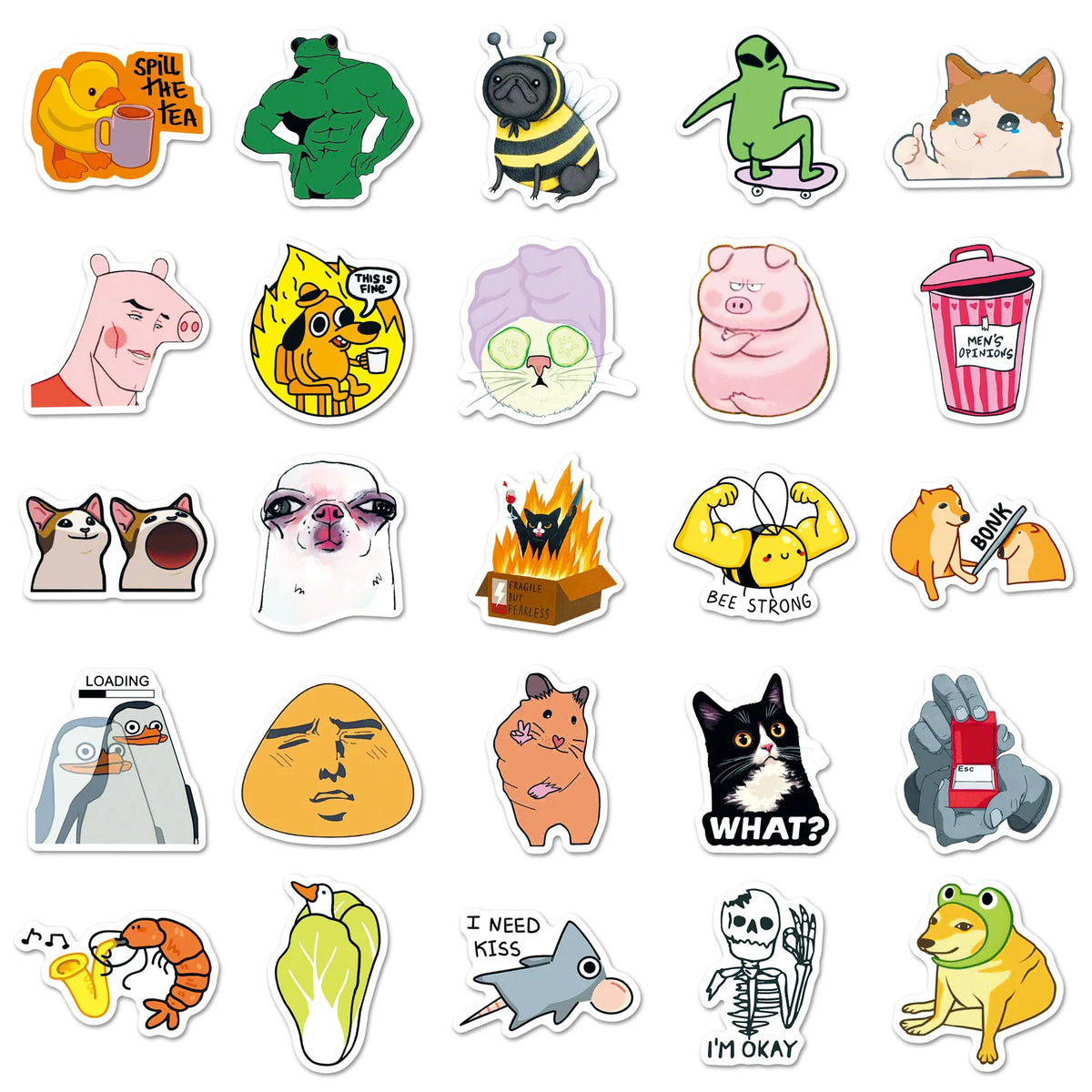 A collection of funny meme graffiti stickers featuring various animals and expressive faces.