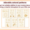 A set of seven adorable natural patterns for nursery decor featuring sun, moon, rainbow, and cloud designs.