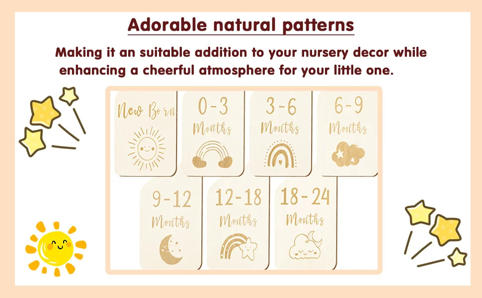 A set of seven adorable natural patterns for nursery decor featuring sun, moon, rainbow, and cloud designs.