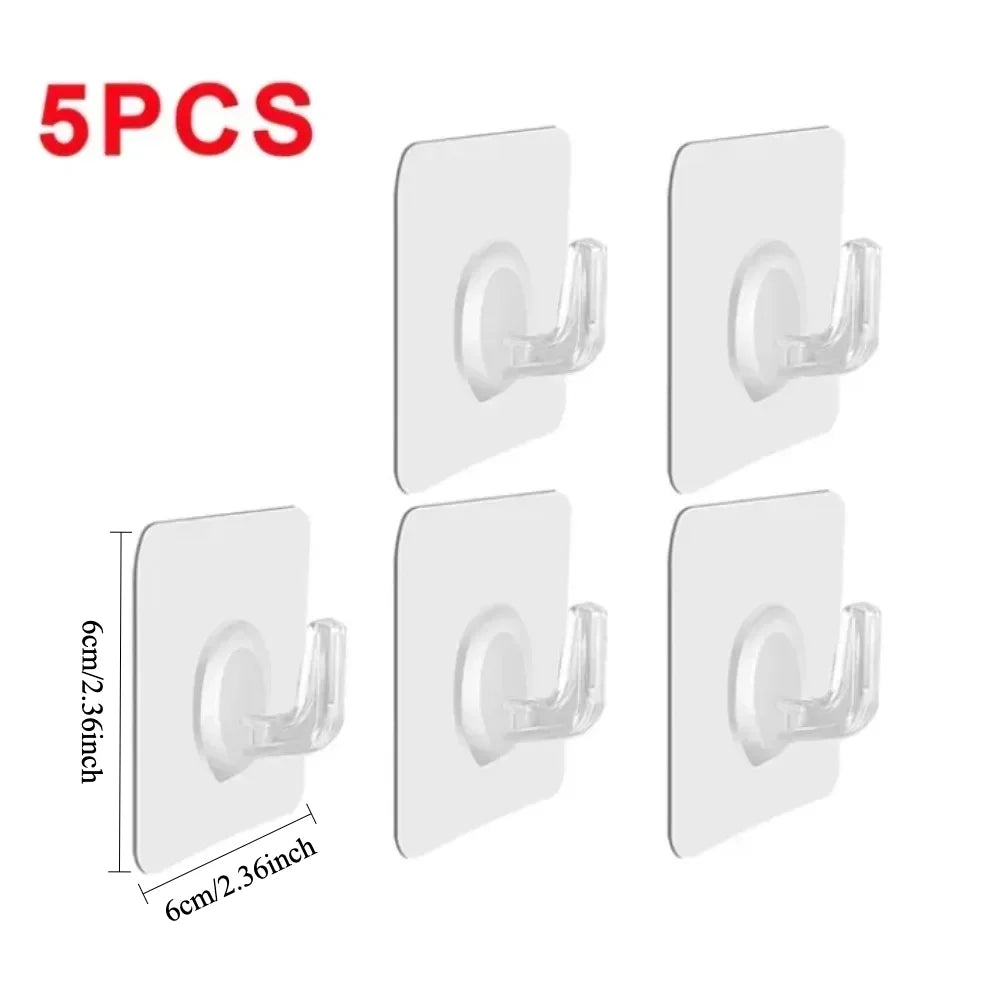 Five transparent heavy-duty self-adhesive hooks for mounting purposes.