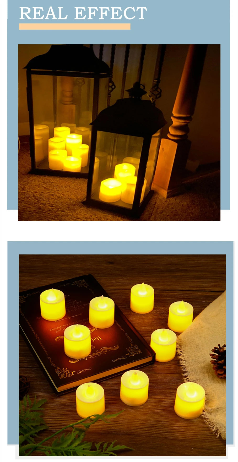 A close-up of several glowing yellow candles arranged on a wooden surface.