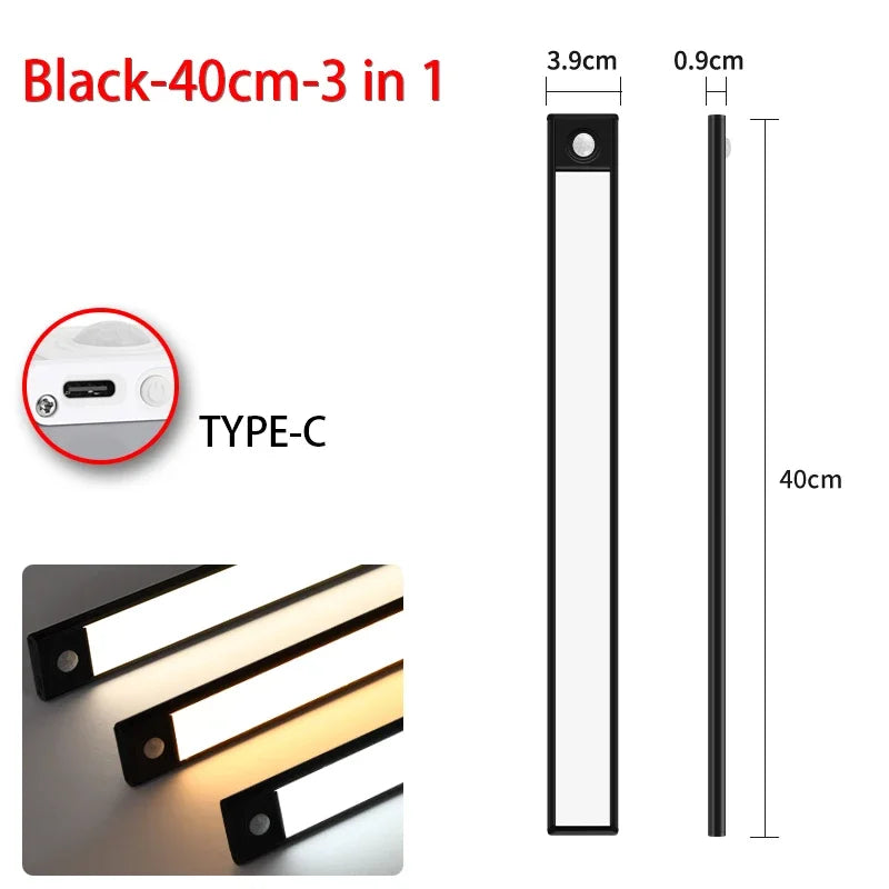 Black 40cm 3 in 1 under cabinet light with Type-C charging and motion sensor features