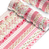 A set of 12 rolls of retro floral pink and white patterned washi tape for crafting and journaling.
