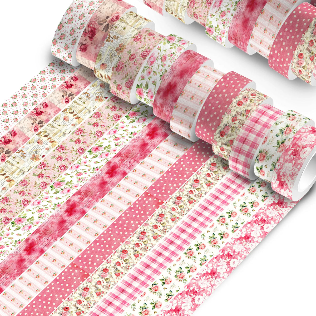A set of 12 rolls of retro floral pink and white patterned washi tape for crafting and journaling.
