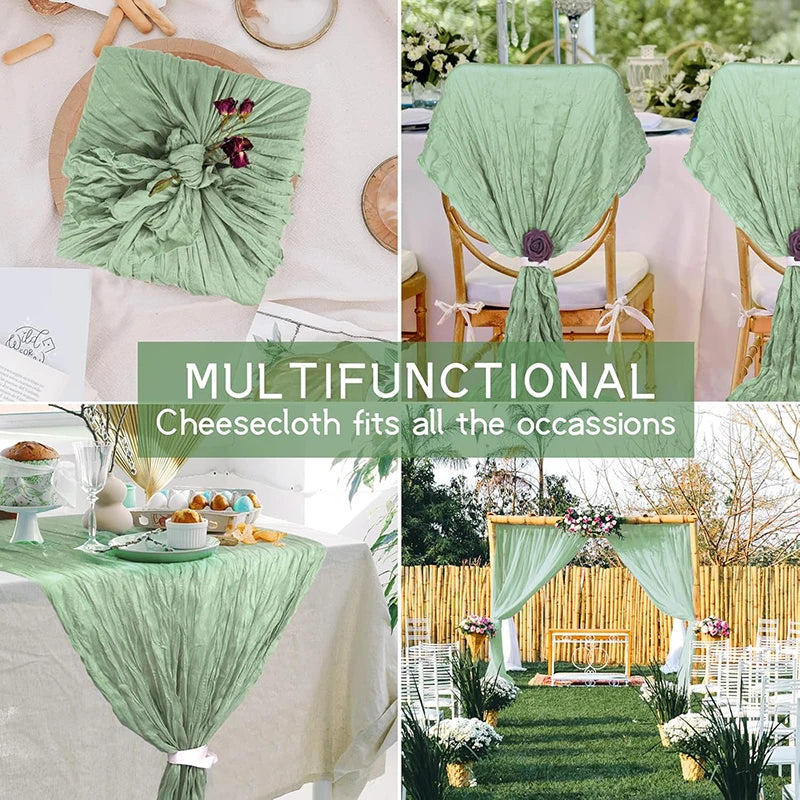 Sage green gauze fabric used as a multifunctional table runner and decorative drape for events.