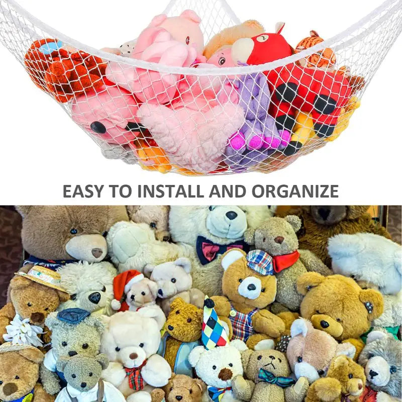 A mesh storage hammock filled with various stuffed animals and toys for organizing.