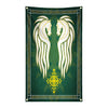 A vertical tapestry banner featuring two stylized white winged horses on a dark green background with gold accents.