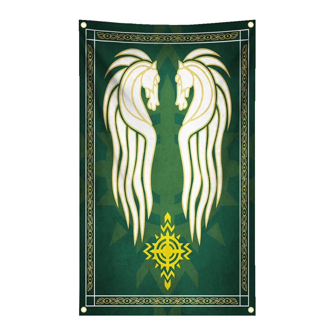 A vertical tapestry banner featuring two stylized white winged horses on a dark green background with gold accents.